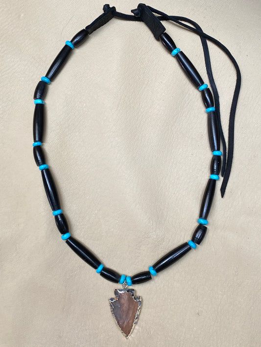 Black Hairpipe & Turquoise Necklace with Arrowhead Pendant