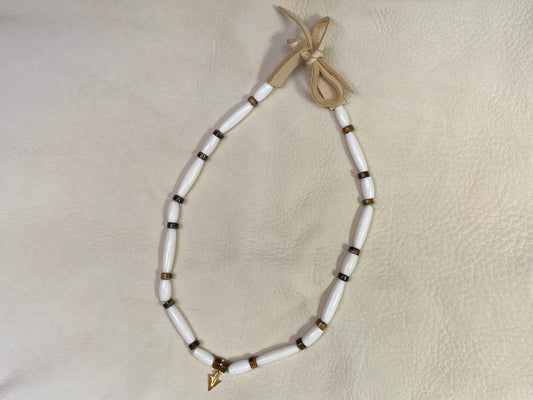 White Hairpipe & Tiger's Eye Heishi with Gold Arrowhead Pendant