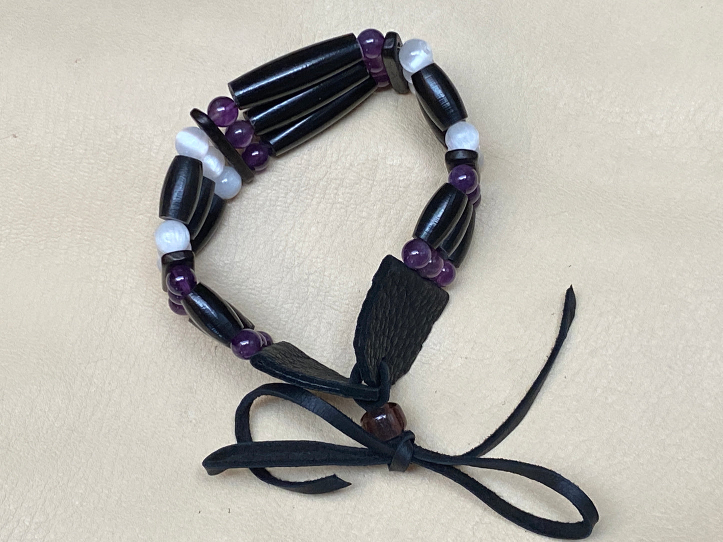 Black Hairpipe, Amethyst & Selenite Cuff Bracelet