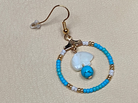 White Troca Shell Bear, Turquoise, & Seed Bead Hoop Earrings