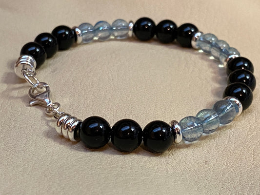Black Diamond Agate & Blue Topaz Bracelet & Earrings Set