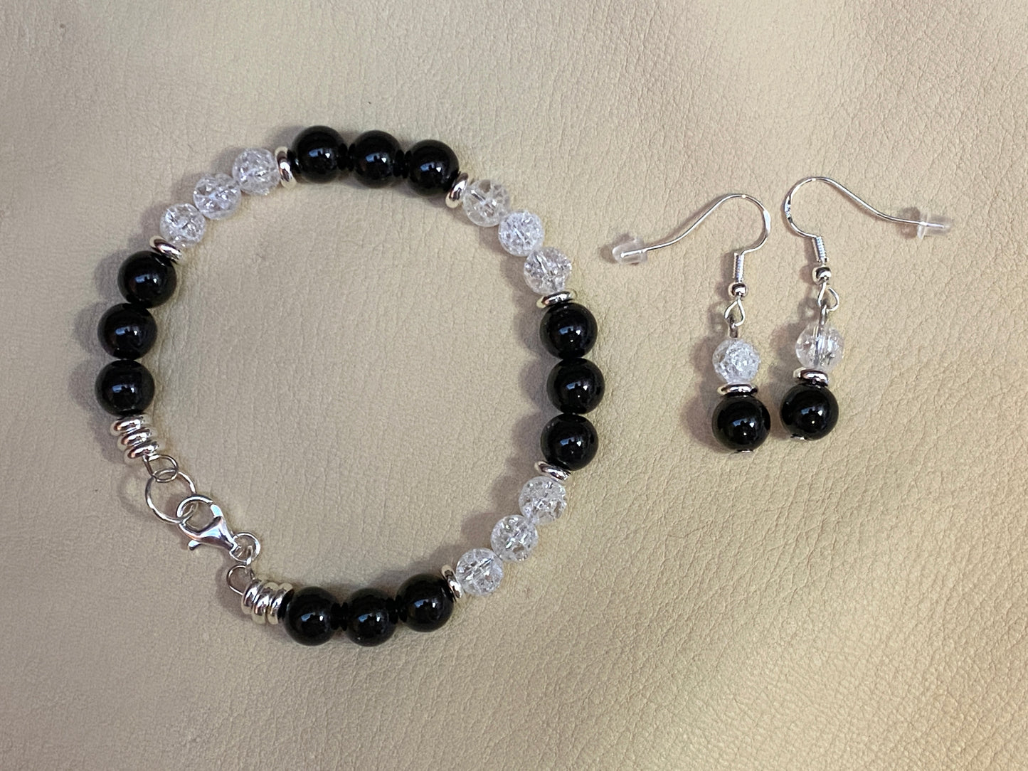 Black Diamond Agate & Snow White Cracked Ice Quartz Beads Bracelet & Earrings Set