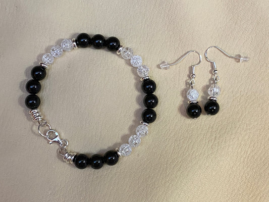 Black Diamond Agate & Snow White Cracked Ice Quartz Beads Bracelet & Earrings Set