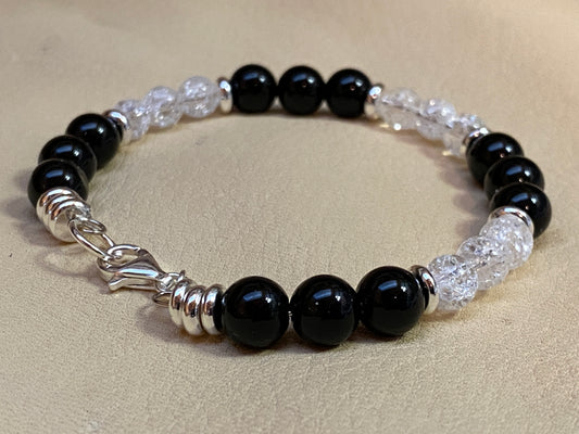 Black Diamond Agate & Snow White Cracked Ice Quartz Beads Bracelet & Earrings Set