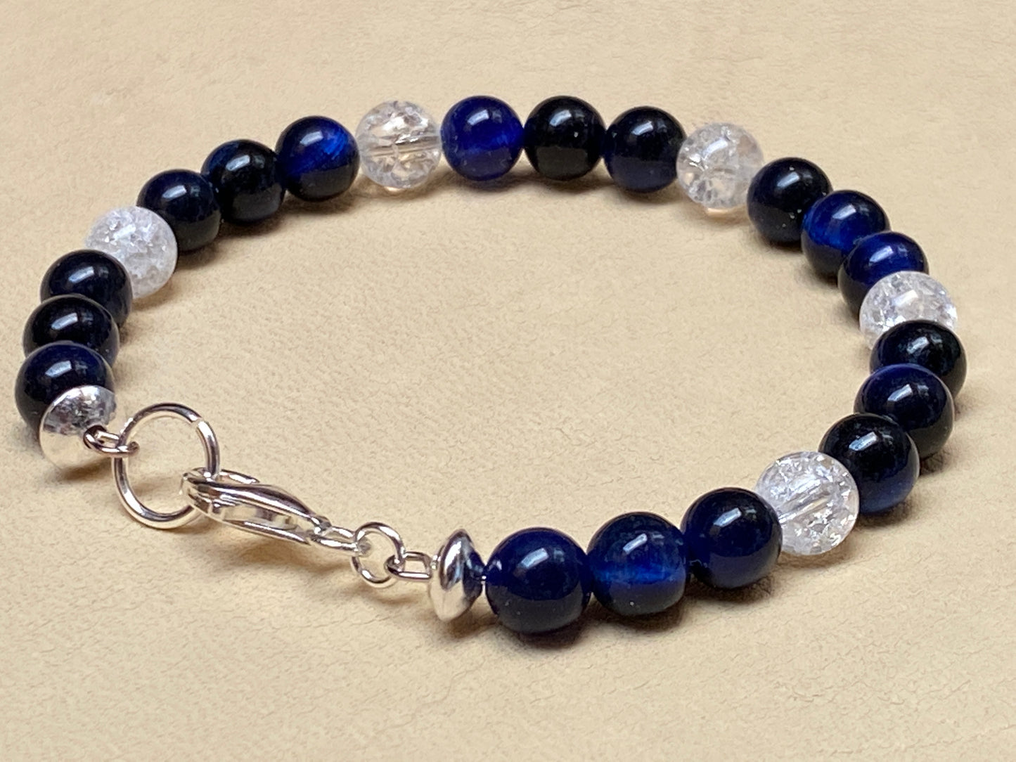 Sapphire Blue Tiger's Eye & Snow White Cracked Ice Quartz Bracelet