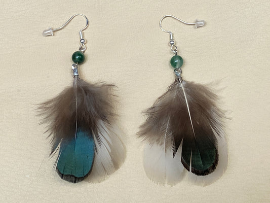 Forest Green Cloudy Malaysian Jade & Pheasant Feather Earrings