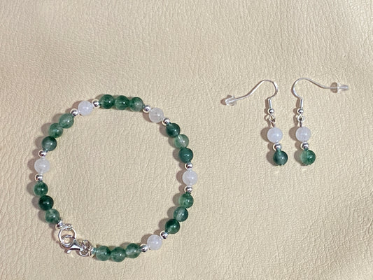 Forest Green Cloudy Malaysian Jade & White Jade Bracelet & Earrings Set