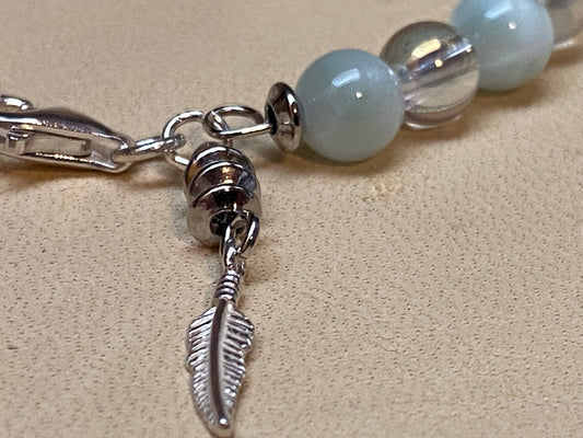 Green Angelite & Angel Aura Quartz Bracelet with Feather Charm