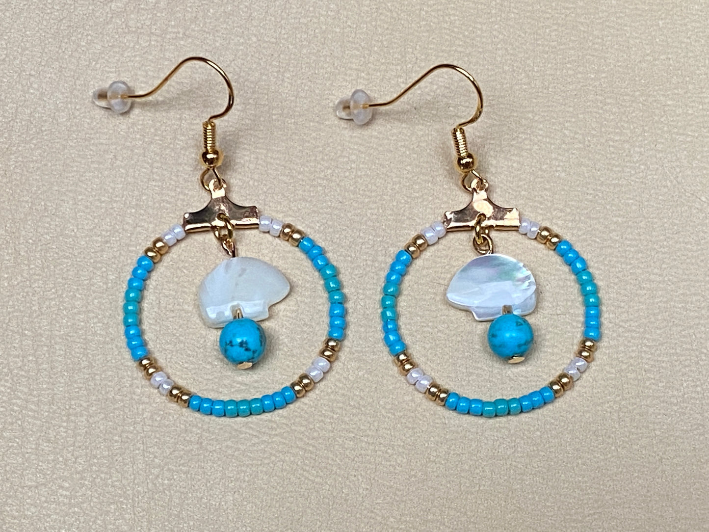 White Troca Shell Bear, Turquoise, & Seed Bead Hoop Earrings