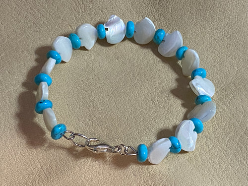 White Troca Shell Bear & Kingman Turquoise Bracelet