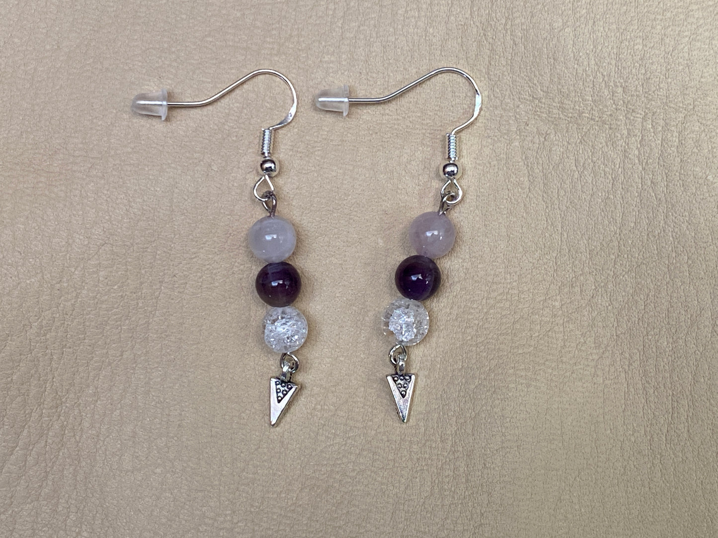 Lavendar Jade, Amethyst, & Snow Quartz Earrings with Arrowhead Charms