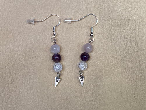 Lavendar Jade, Amethyst, & Snow Quartz Earrings with Arrowhead Charms