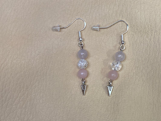 Lavendar Jade, Snow Quartz, & Rose Quartz Earrings with Arrowhead Charms
