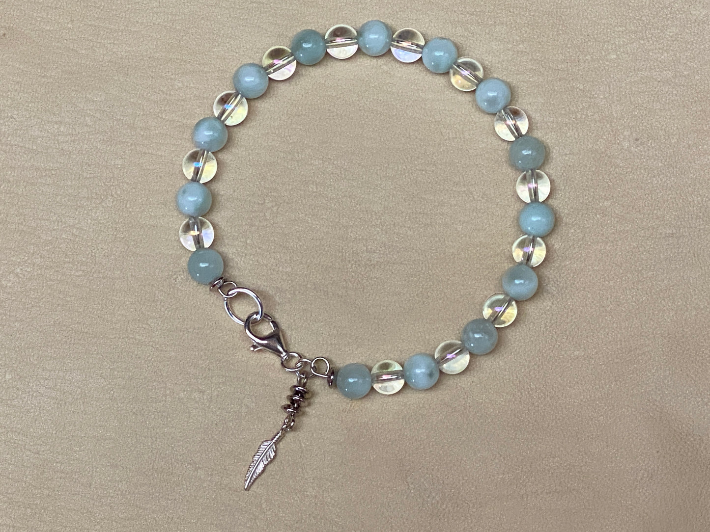 Green Angelite & Angel Aura Quartz Bracelet with Feather Charm