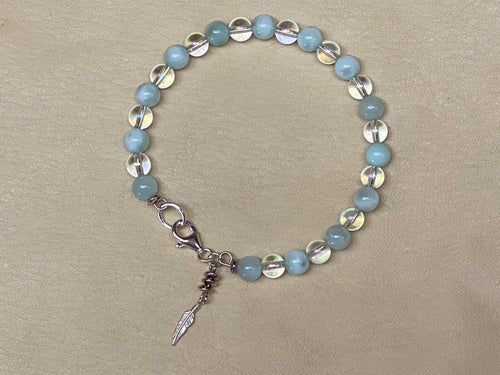 Green Angelite & Angel Aura Quartz Bracelet with Feather Charm