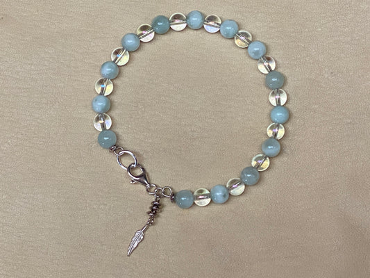 Green Angelite & Angel Aura Quartz Bracelet with Feather Charm
