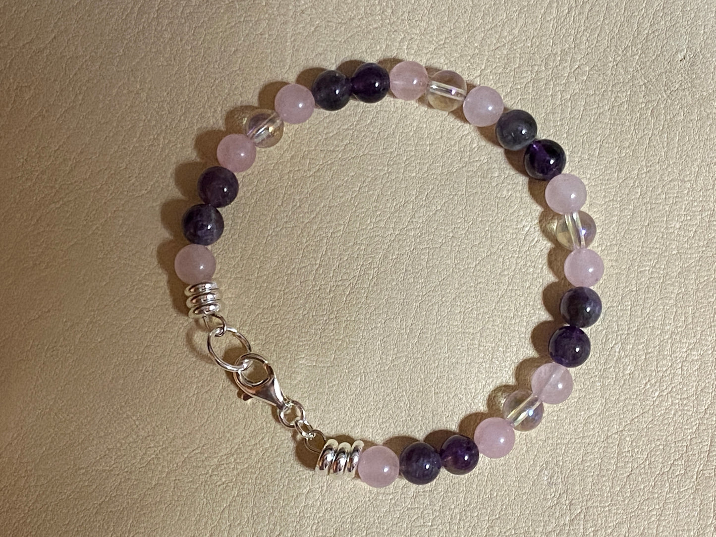Rose Quartz, Amethyst, & Angel Aura Quartz Bracelet
