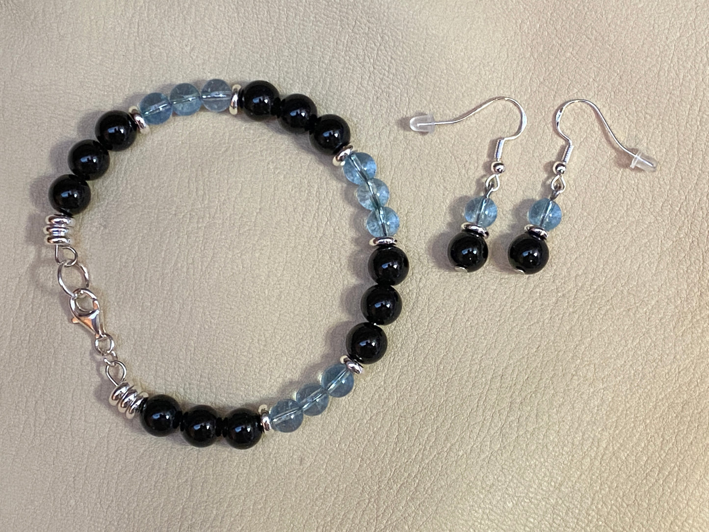 Black Diamond Agate & Blue Topaz Bracelet & Earrings Set