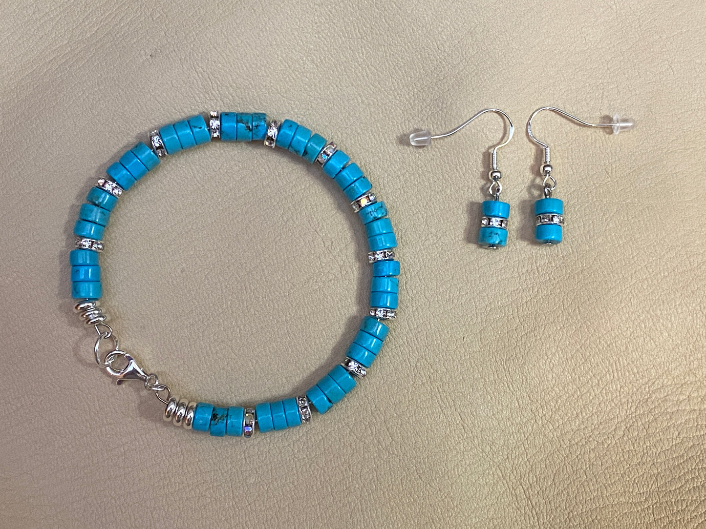 Turquoise Heishi & Czech Crystal Rhinestone Bracelet Earring Set