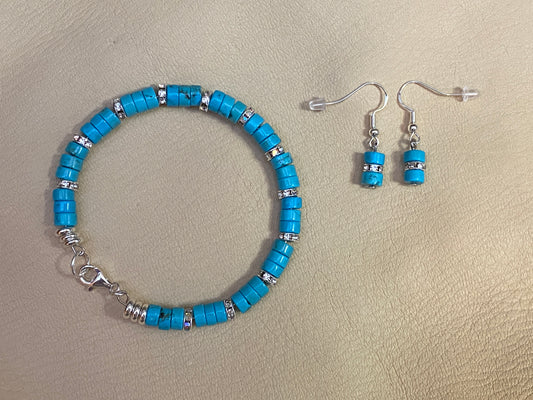 Turquoise Heishi & Czech Crystal Rhinestone Bracelet Earring Set