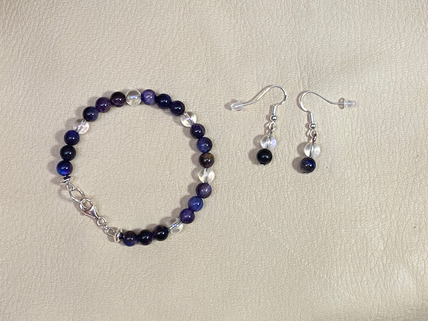 Cat Eye Galaxy Sky Night Tiger's Eye & Angel Aura Quartz Bracelet & Earrings Set