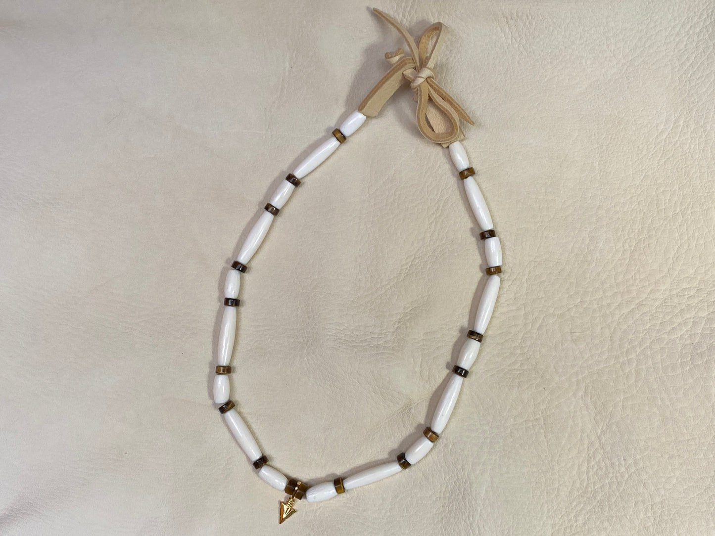 White Hairpipe & Tiger's Eye Heishi with Gold Arrowhead Pendant
