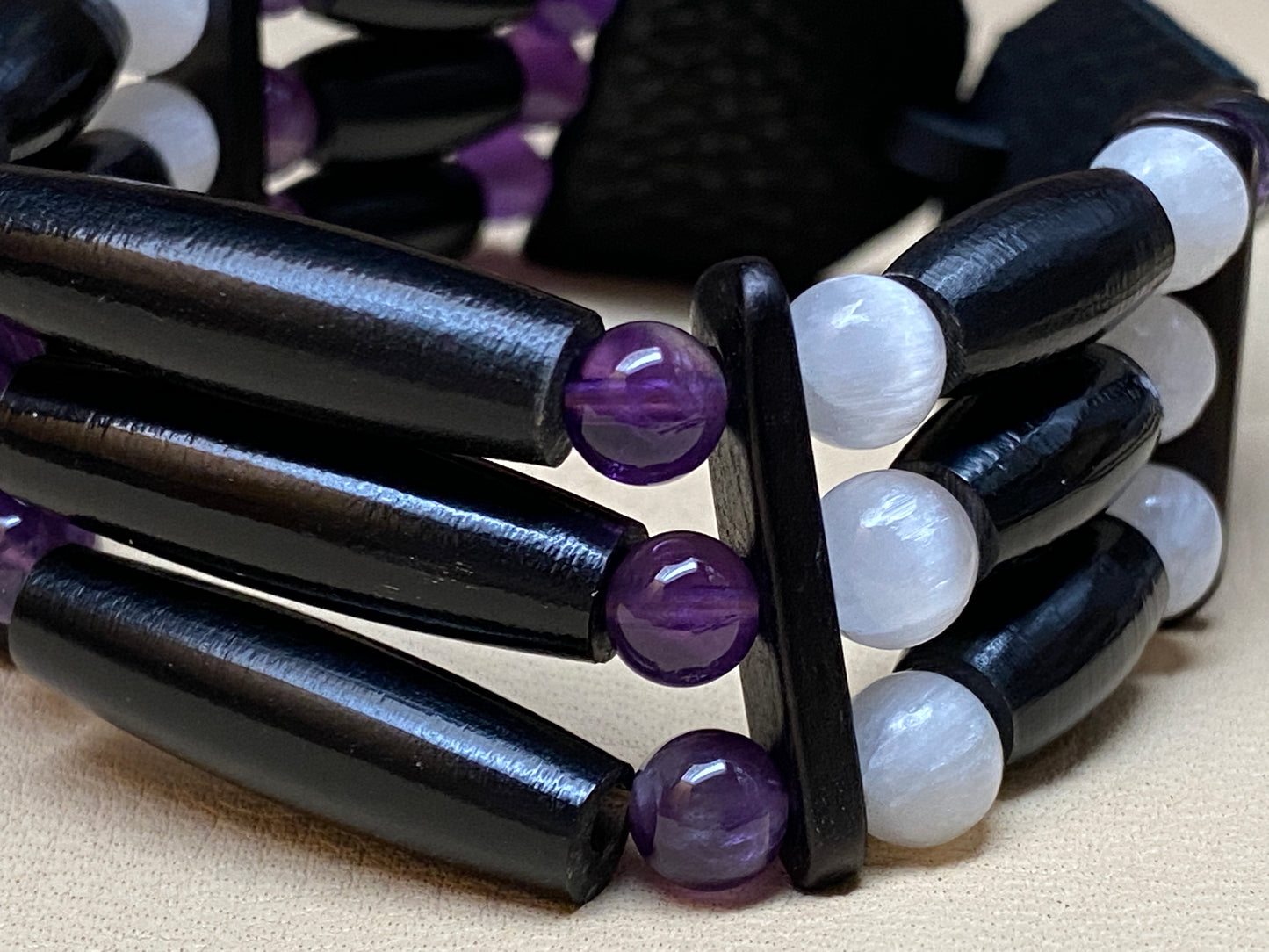 Black Hairpipe, Amethyst & Selenite Cuff Bracelet
