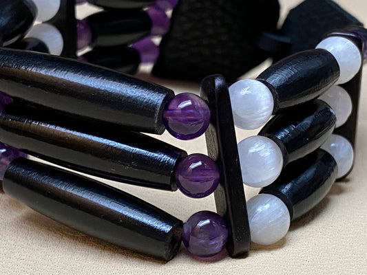 Black Hairpipe, Amethyst & Selenite Cuff Bracelet