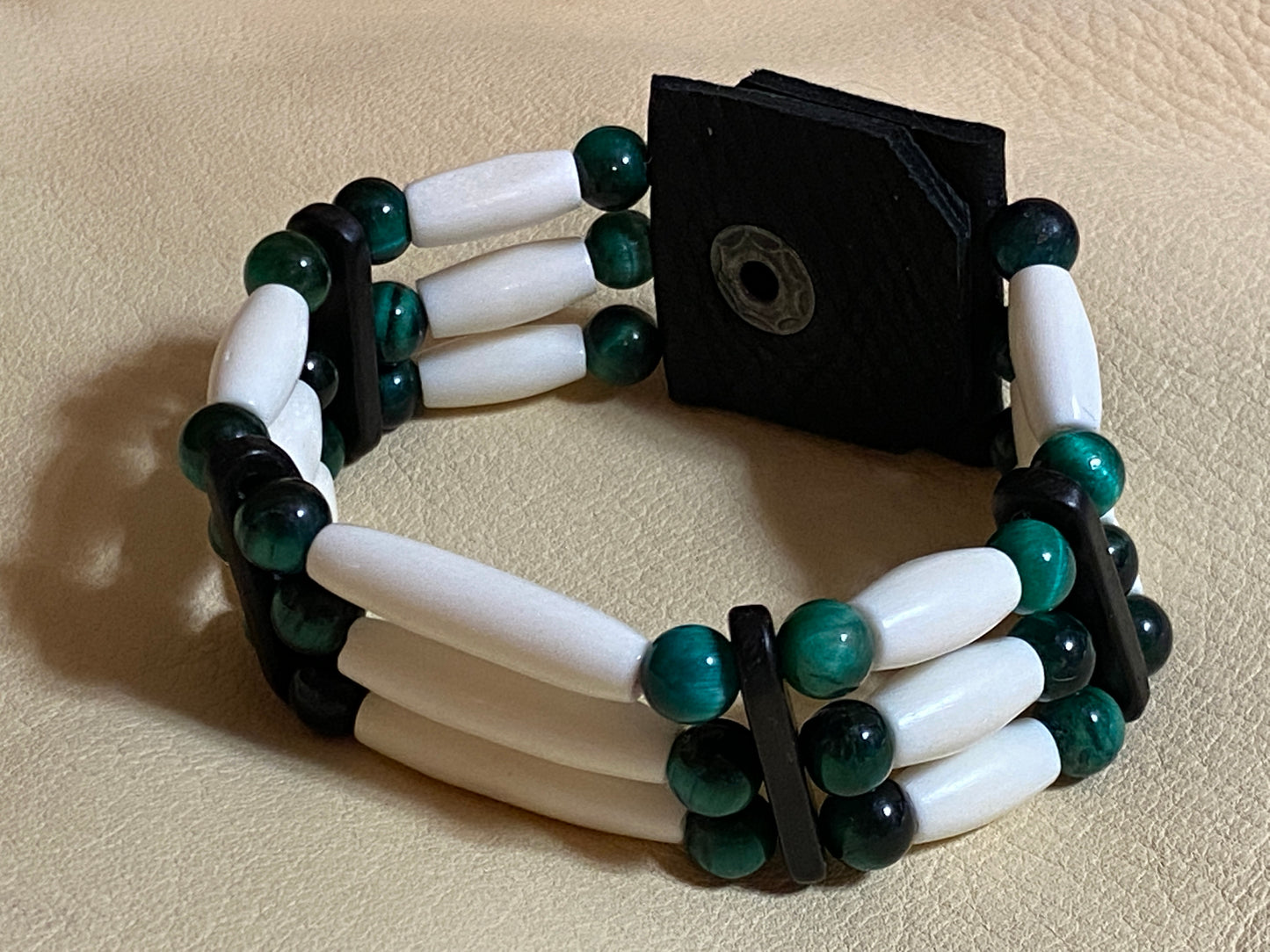 White Hairpipe & Green Tiger's Eye Cuff Bracelet
