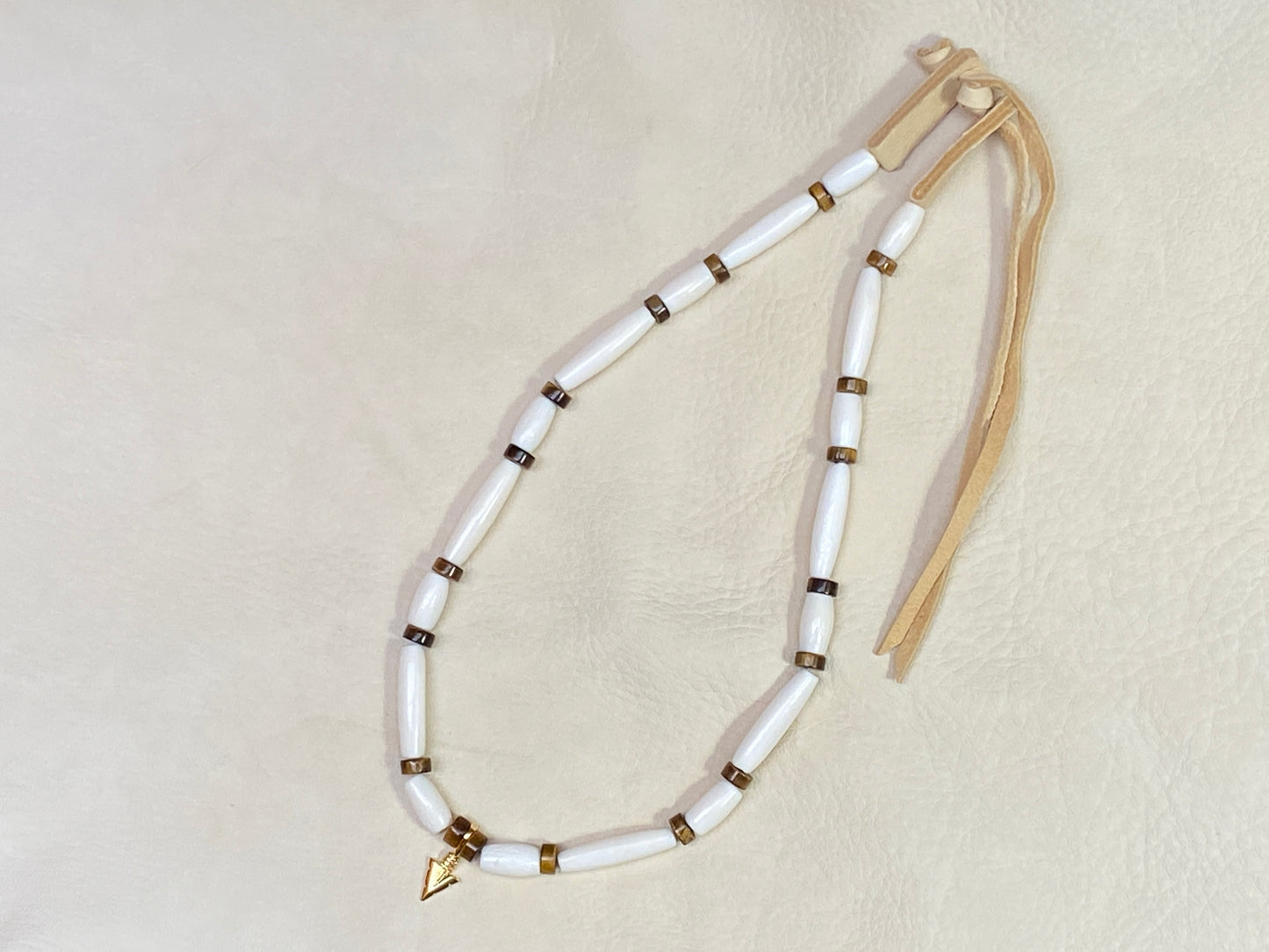 White Hairpipe & Tiger's Eye Heishi with Gold Arrowhead Pendant