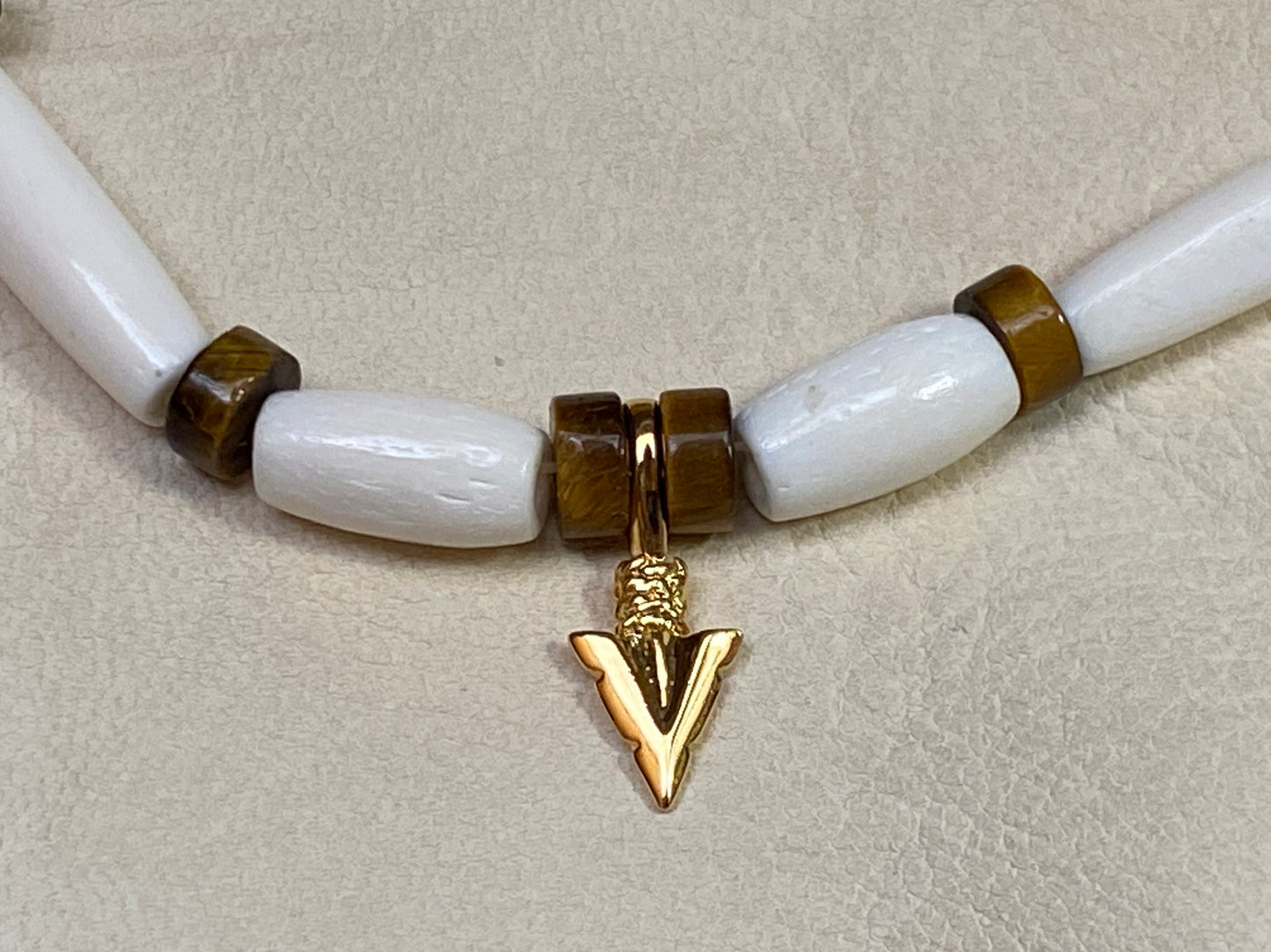 White Hairpipe & Tiger's Eye Heishi with Gold Arrowhead Pendant