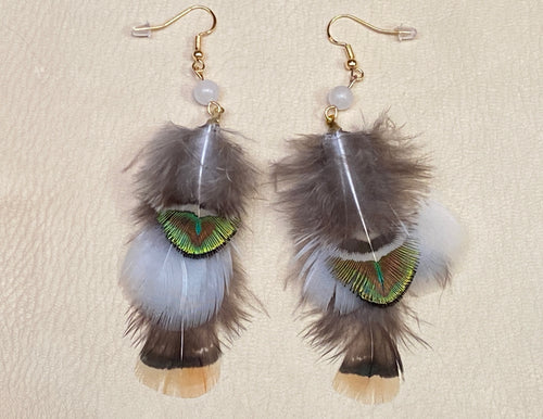 White Jade + Peacock & Pheasant Feather Earrings