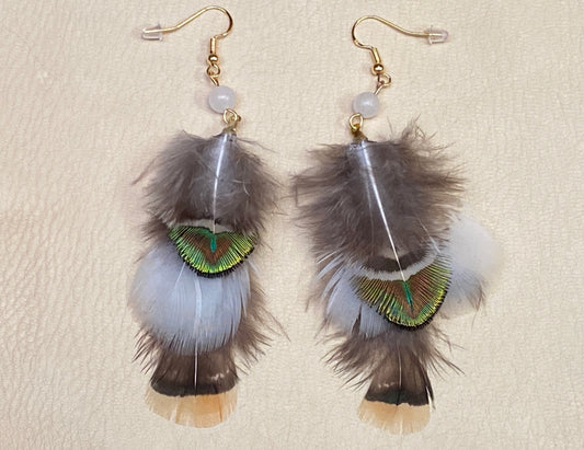 White Jade + Peacock & Pheasant Feather Earrings