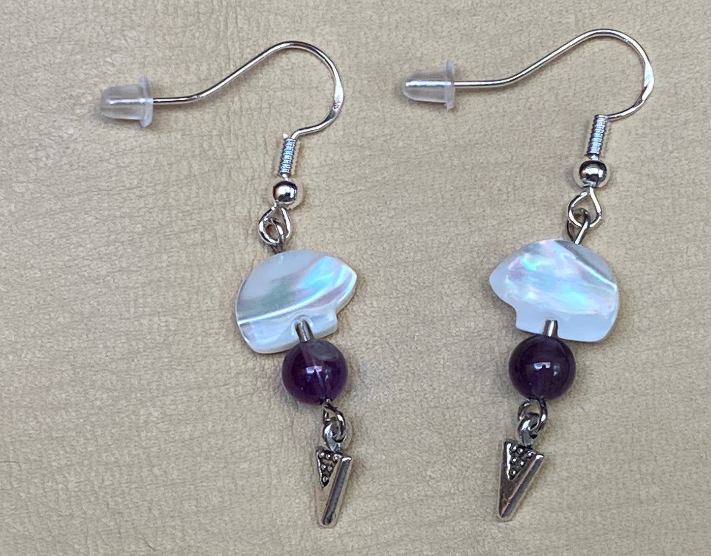 White Troca Shell Bear Beads, Amethyst Beads & Arrowhead Earrings