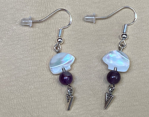 White Troca Shell Bear Beads, Amethyst Beads & Arrowhead Earrings
