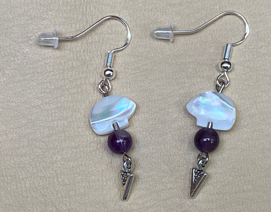 White Troca Shell Bear Beads, Amethyst Beads & Arrowhead Earrings